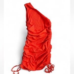 Orange one shoulder ruched mini dress